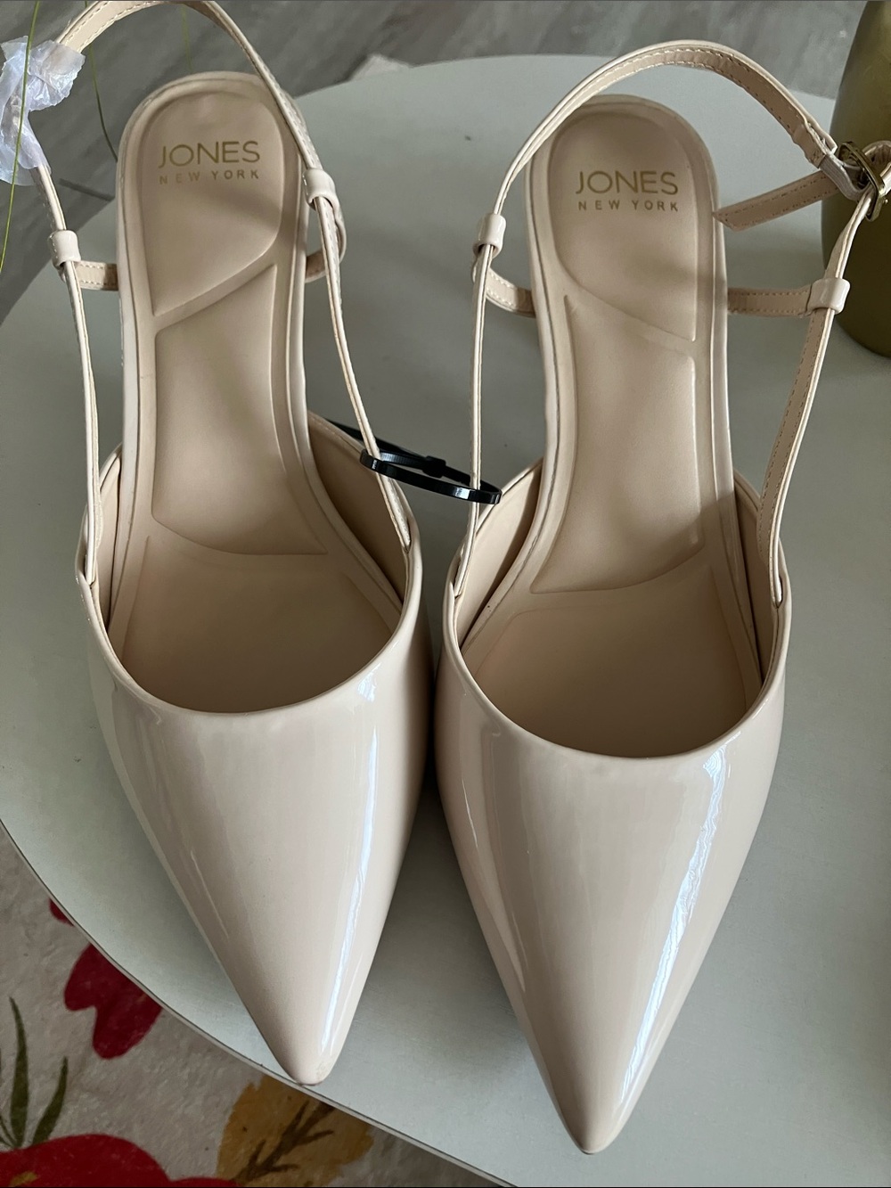 Jones New York Nude Patent Pointed-Toe Slingback Mules